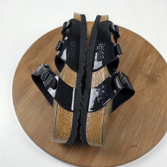 Birki's Sandals Womens Size 8 Black Patent Triple Strap Cork Footbed Shoes - Picture 13 of 13